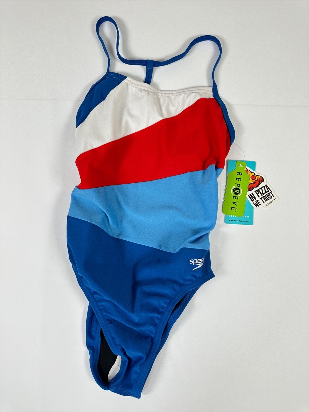 Speedo One Piece Swimsuit Colorblock Blue Red White 28 Vibe Radiating Splice